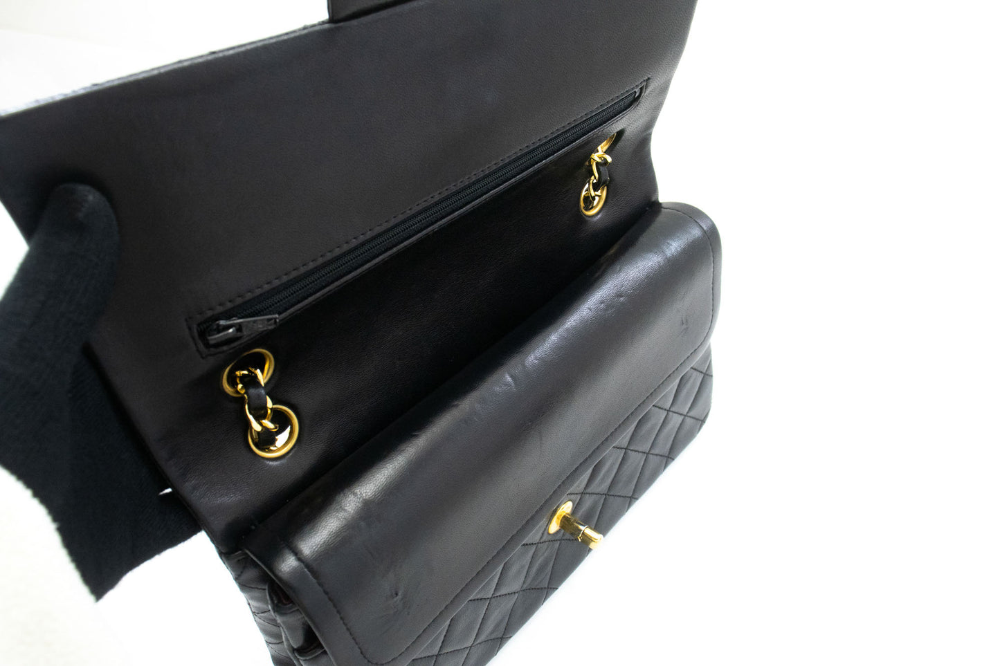CHANEL Classic Double Flap 10" Kettenschultertasche Schwarz Lammleder ad8 hannari-shop