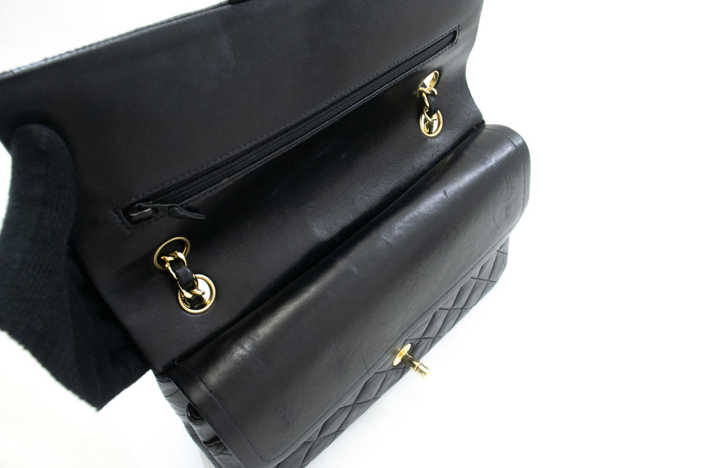 CHANEL Classic Double Flap 10" Kettenschultertasche Schwarz Lammleder ac9 hannari-shop