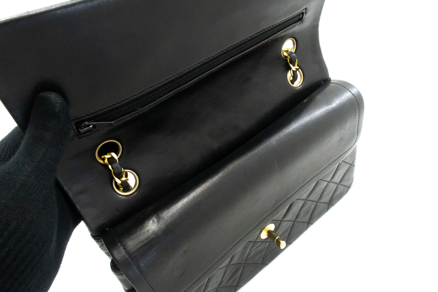 CHANEL Classic Double Flap 10" Chain Shoulder Bag Black Lambskin ag5 hannari-shop