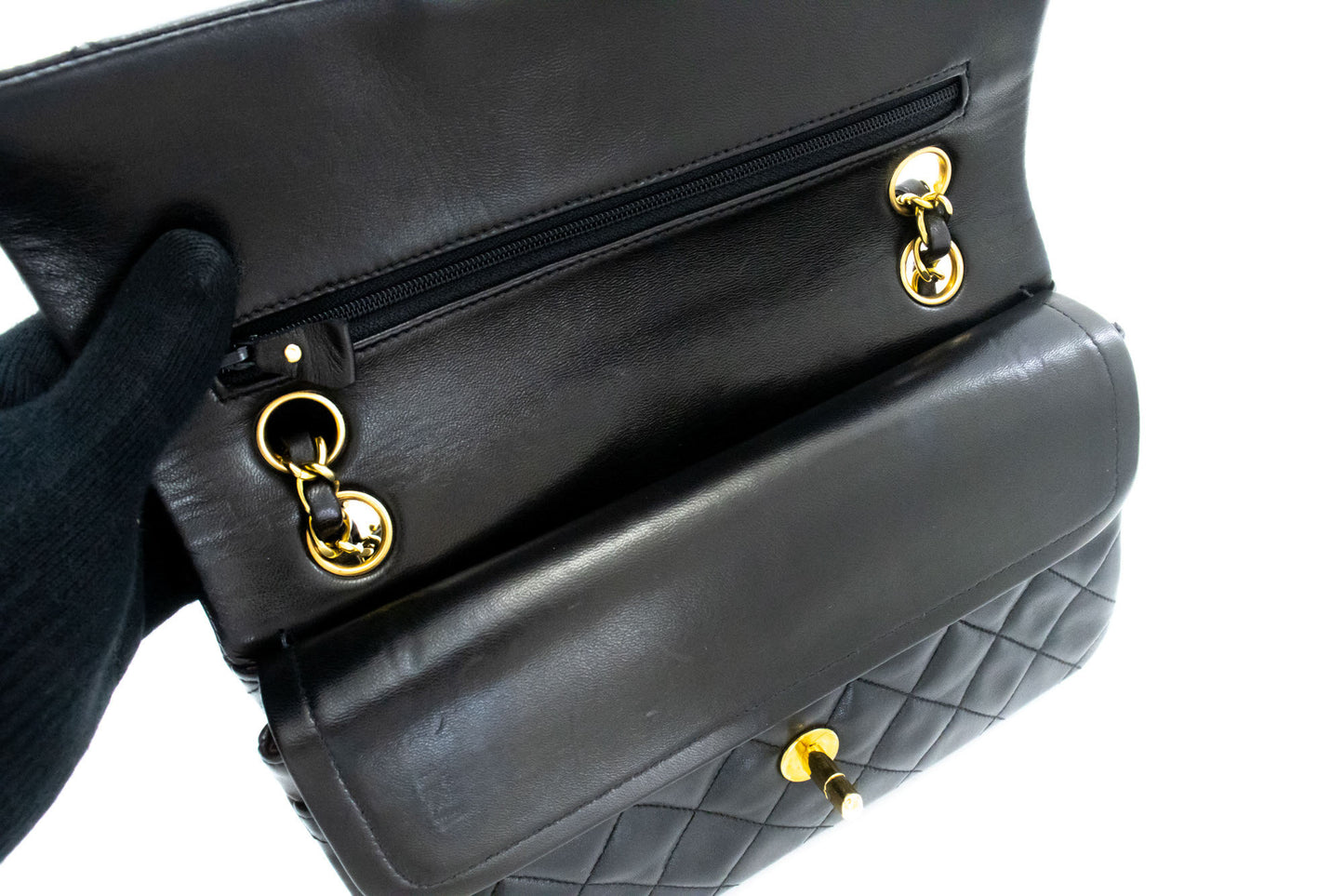 CHANEL Classic Double Flap 9" Schultertasche mit Kette Schwarz Lammleder ai4 hannari-shop
