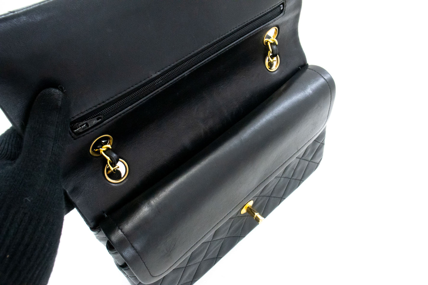 CHANEL Classic Double Flap 10" Kettenschultertasche Schwarz Lammleder aj5 hannari-shop