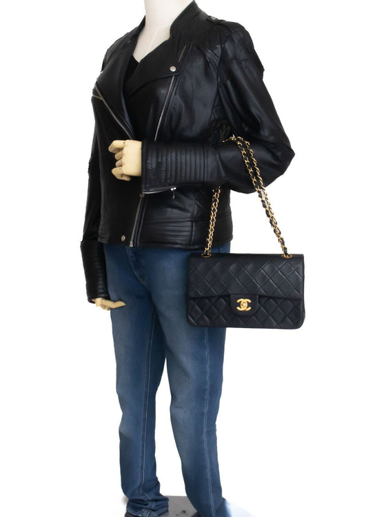 CHANEL Classic Double Flap 9" Kettentasche aus schwarzem Lammleder ak5 hannari-shop