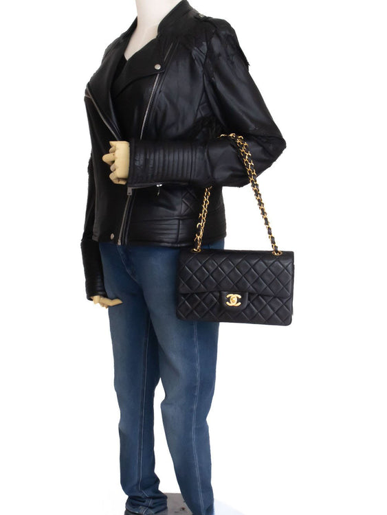 CHANEL Classic Double Flap 9" Schultertasche mit Kette, Schwarz, Lammleder aj7 hannari-shop