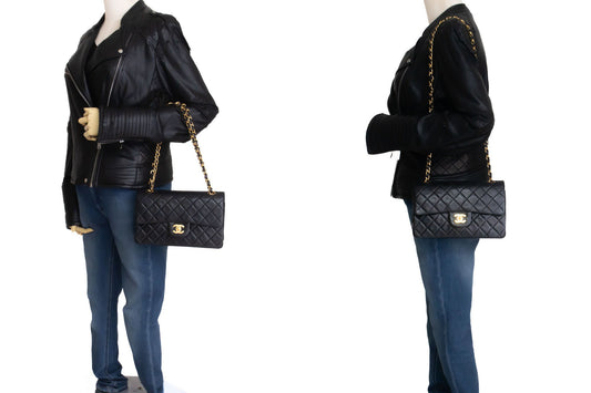CHANEL Classic Double Flap 9" Schultertasche mit Kette, Schwarz, Lammleder aj7 hannari-shop