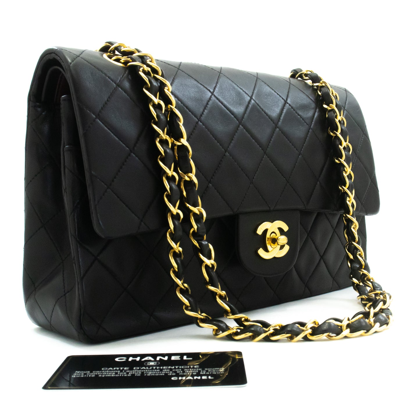 CHANEL Classic Double Flap 10" Ketten-Umhängetasche Schwarz Lammleder am1 hannari-shop