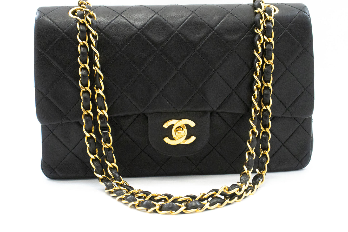 CHANEL Classic Double Flap 10" Ketten-Umhängetasche Schwarz Lammleder am1 hannari-shop