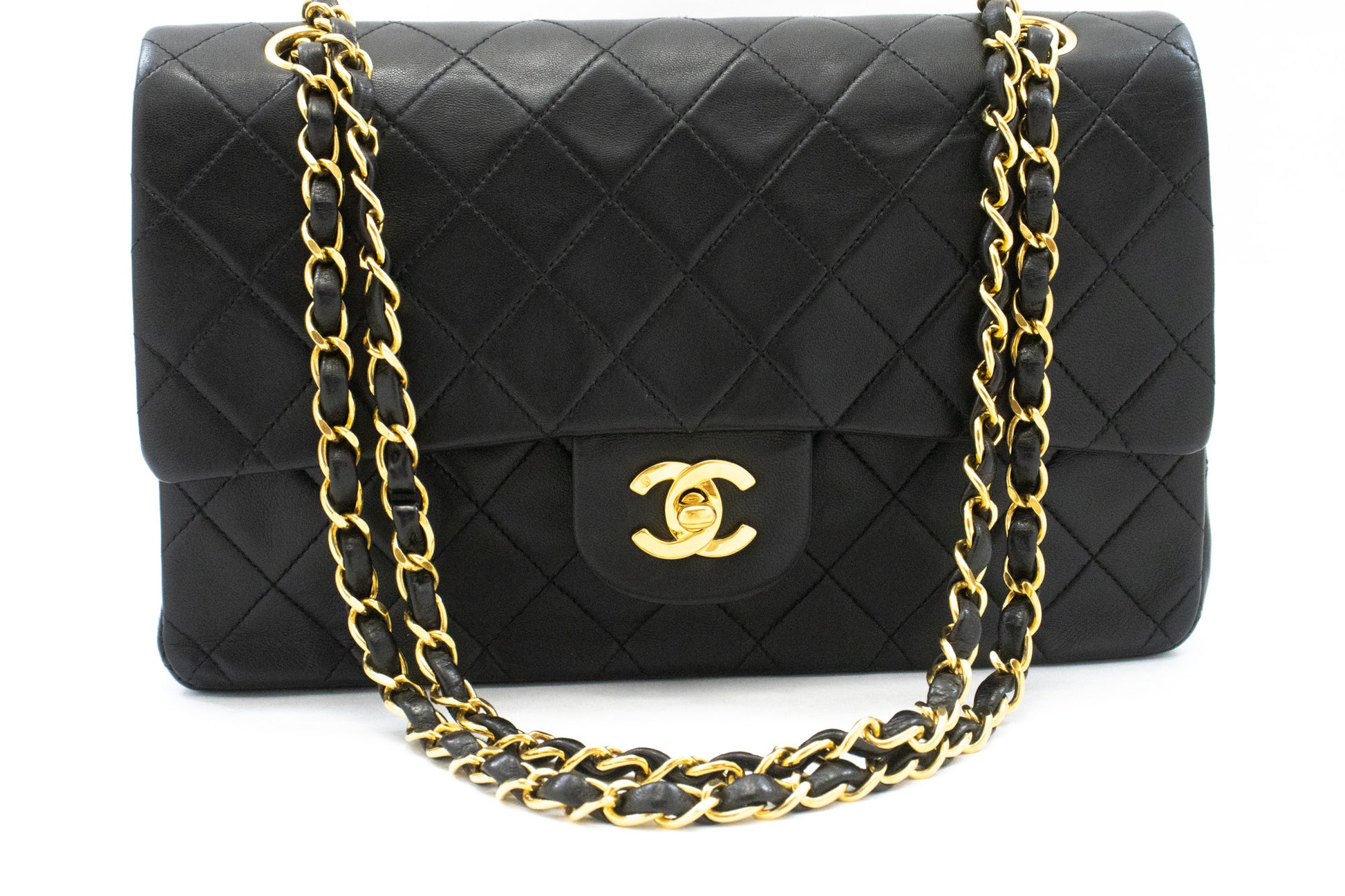 CHANEL Classic Double Flap 10" Ketten-Umhängetasche Schwarz Lammleder am1 hannari-shop