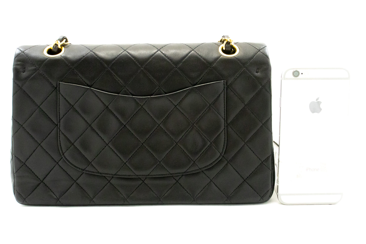 CHANEL Classic Double Flap 10" Ketten-Umhängetasche Schwarz Lammleder am1 hannari-shop