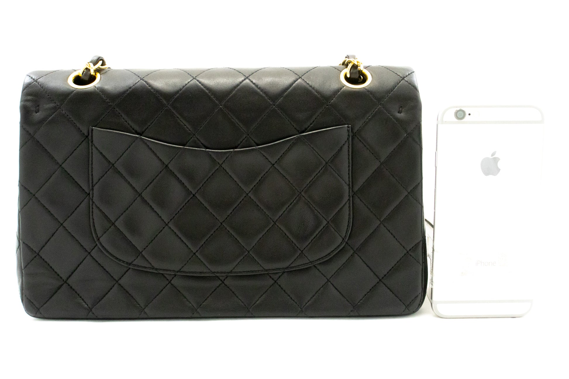 CHANEL Classic Double Flap 10" Ketten-Umhängetasche Schwarz Lammleder am1 hannari-shop