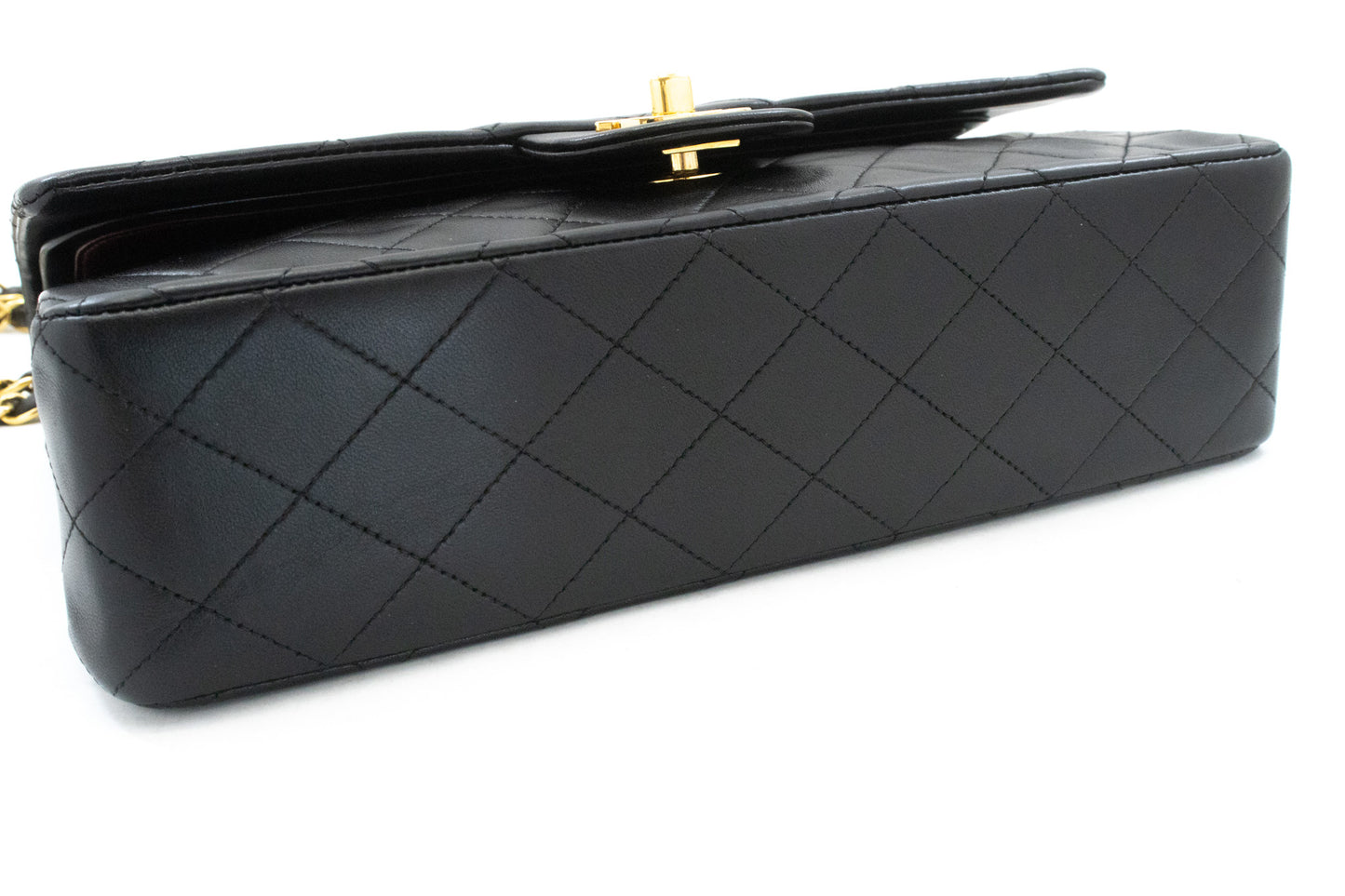 CHANEL Classic Double Flap 10" Ketten-Umhängetasche Schwarz Lammleder am1 hannari-shop