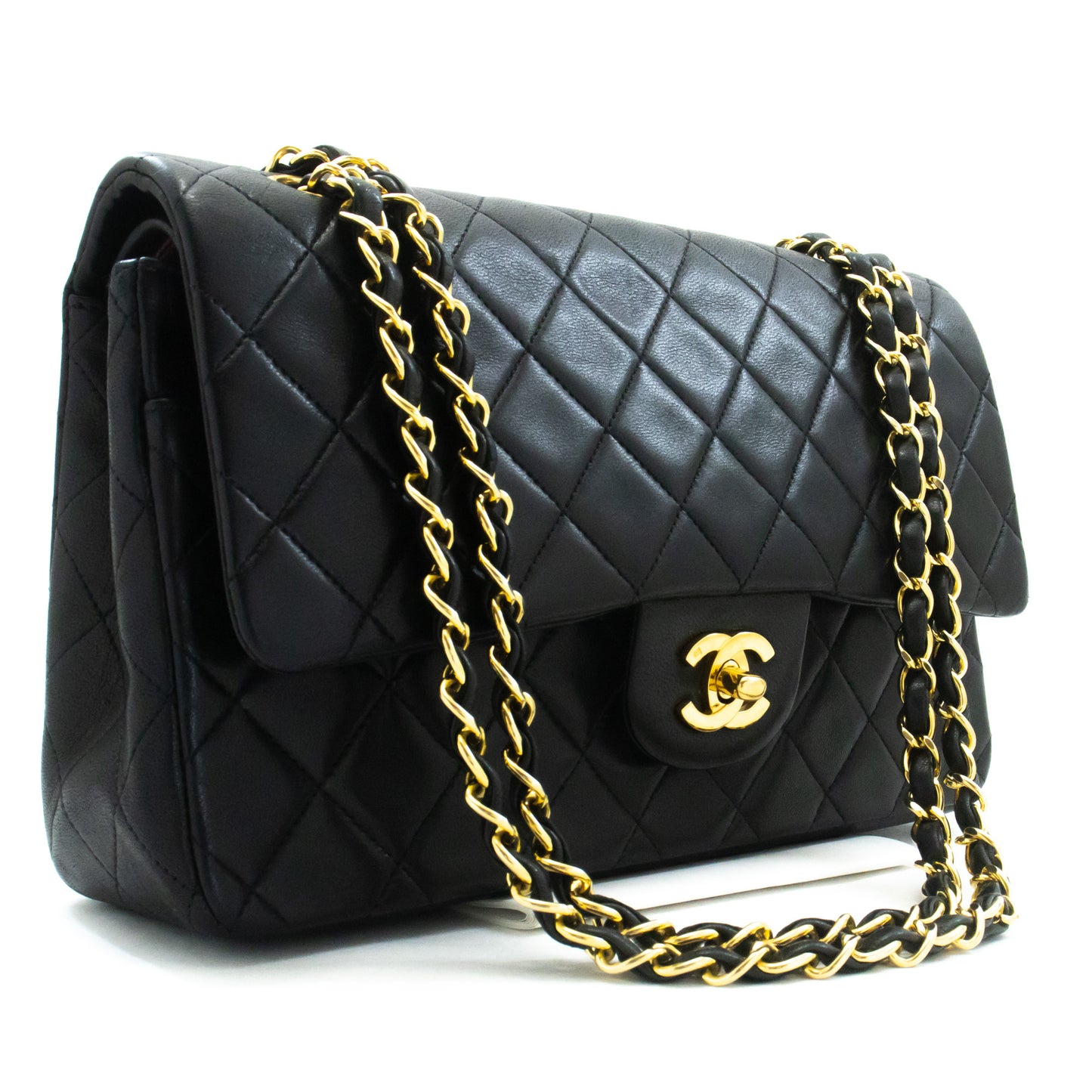 CHANEL Classic Double Flap 10" Kettenschultertasche aus schwarzem Lammleder am3 hannari-shop