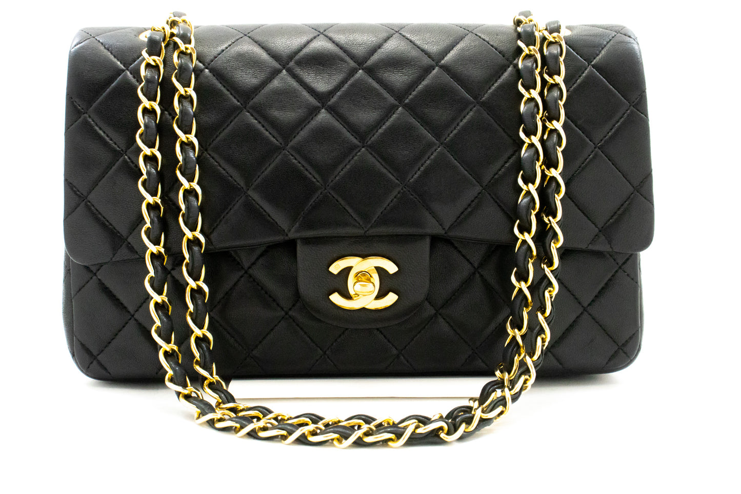 CHANEL Classic Double Flap 10" Kettenschultertasche aus schwarzem Lammleder am3 hannari-shop