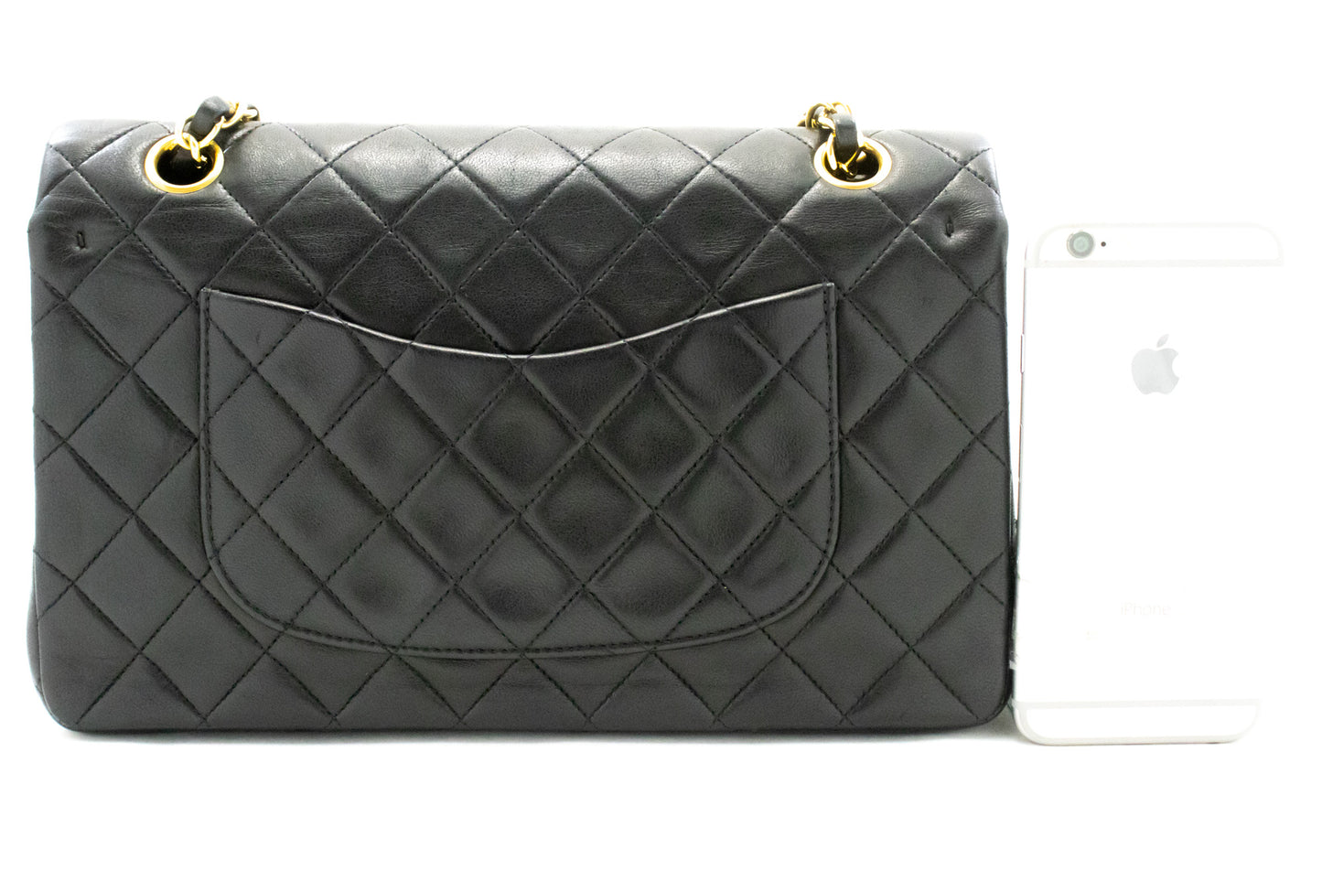 CHANEL Classic Double Flap 10" Kettenschultertasche aus schwarzem Lammleder am3 hannari-shop