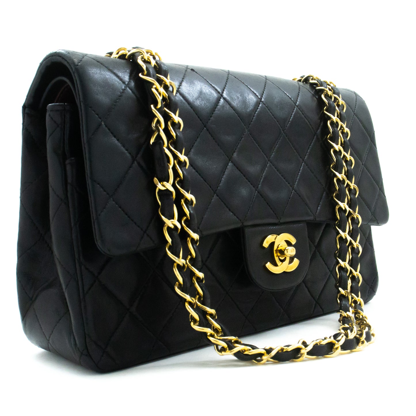 CHANEL Classic Double Flap 10" Kettenschultertasche aus schwarzem Lammleder am2 hannari-shop