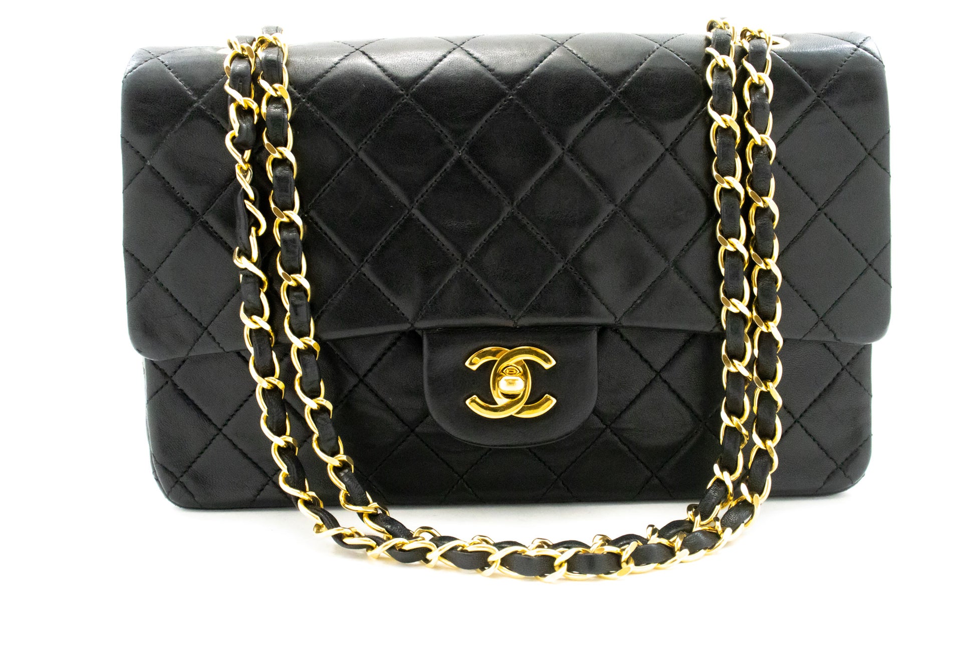CHANEL Classic Double Flap 10" Kettenschultertasche aus schwarzem Lammleder am2 hannari-shop