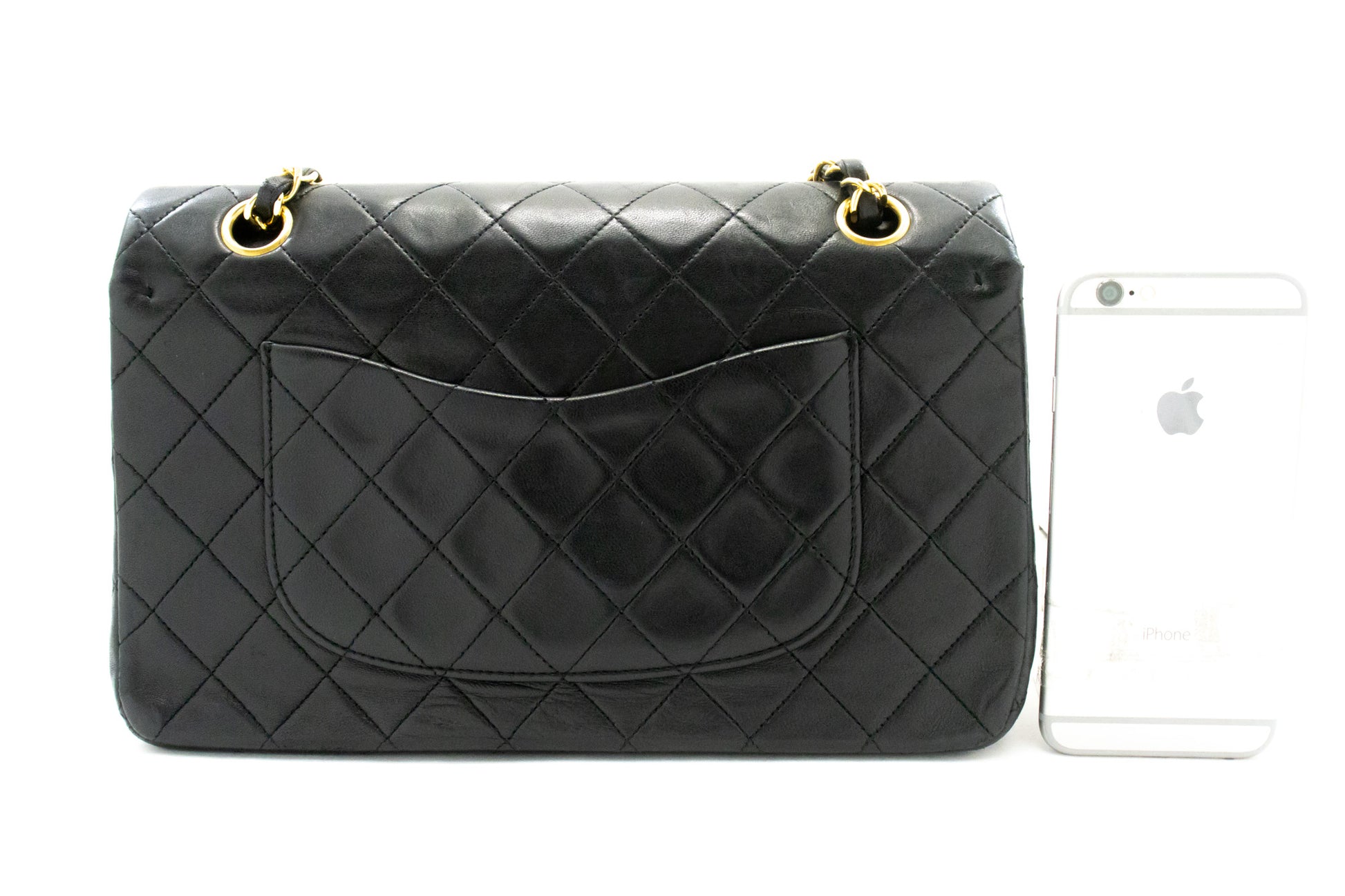 CHANEL Classic Double Flap 10" Kettenschultertasche aus schwarzem Lammleder am2 hannari-shop