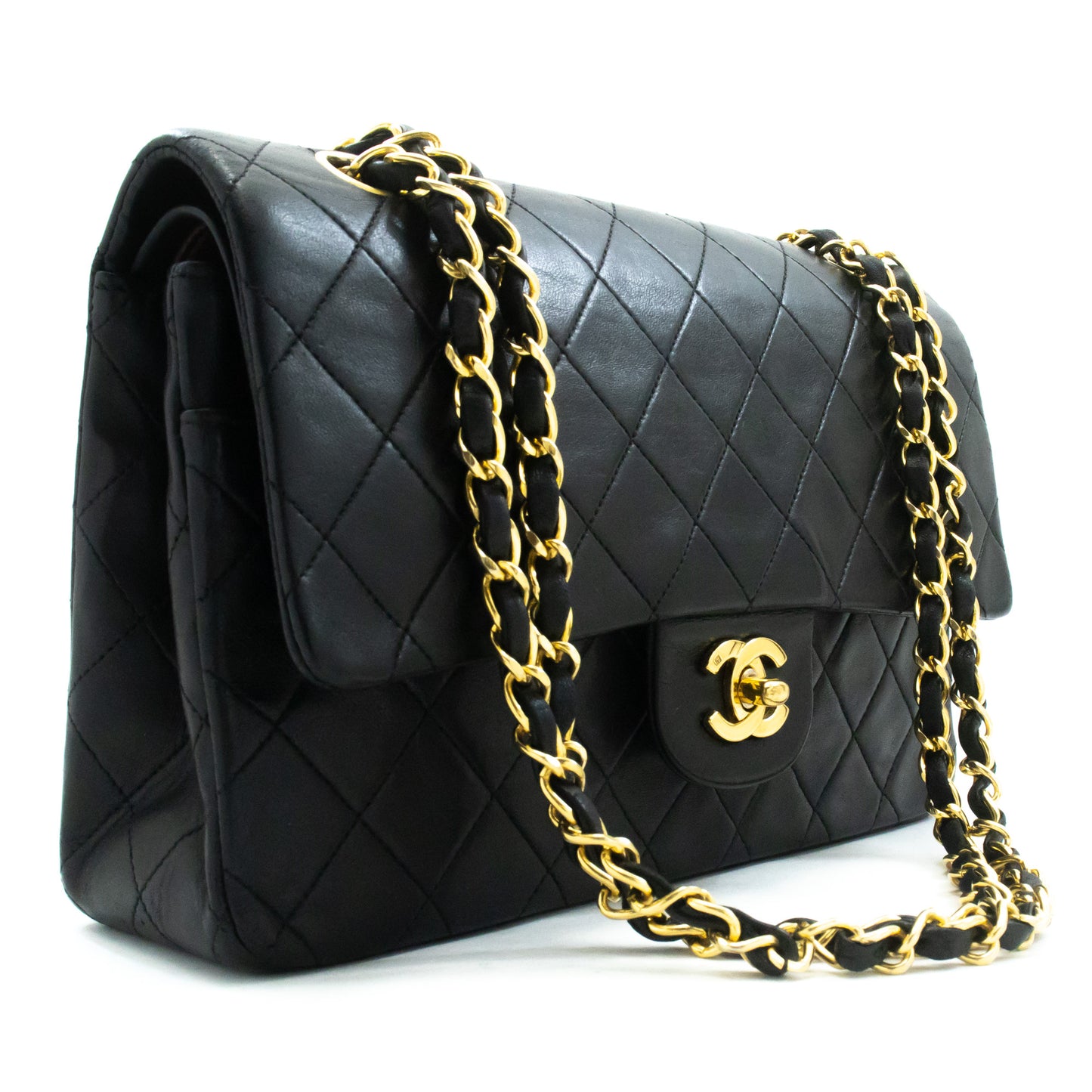 CHANEL Classic Double Flap 10" Chain Shoulder Bag Black Lambskin ak8 hannari-shop