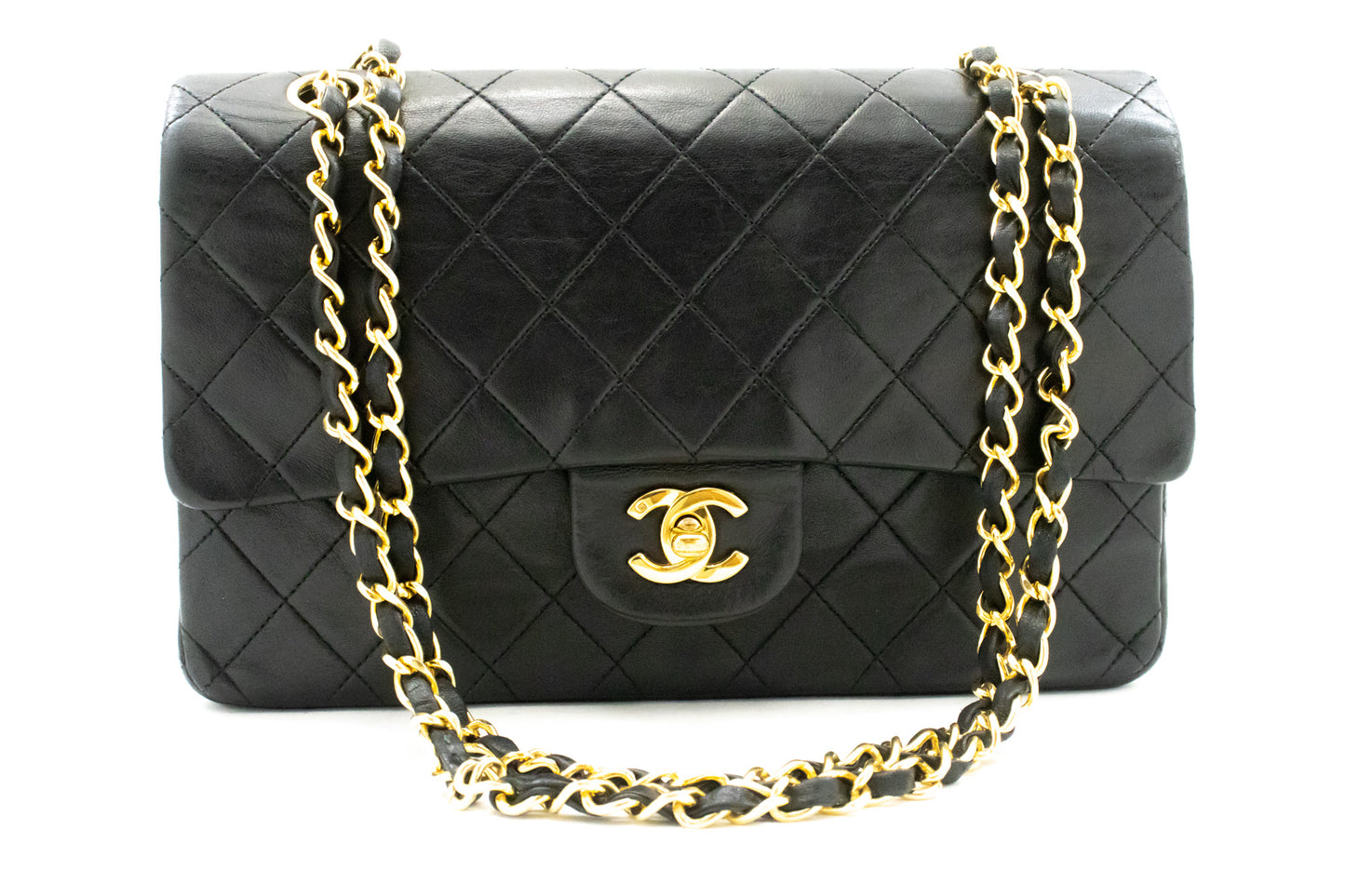 CHANEL Classic Double Flap 10" Chain Shoulder Bag Black Lambskin ak8 hannari-shop