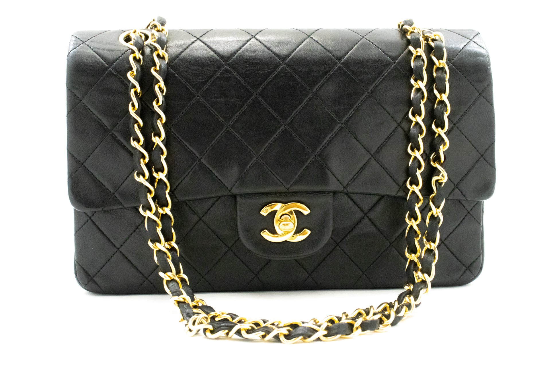 CHANEL Classic Double Flap 10" Chain Shoulder Bag Black Lambskin ak8 hannari-shop