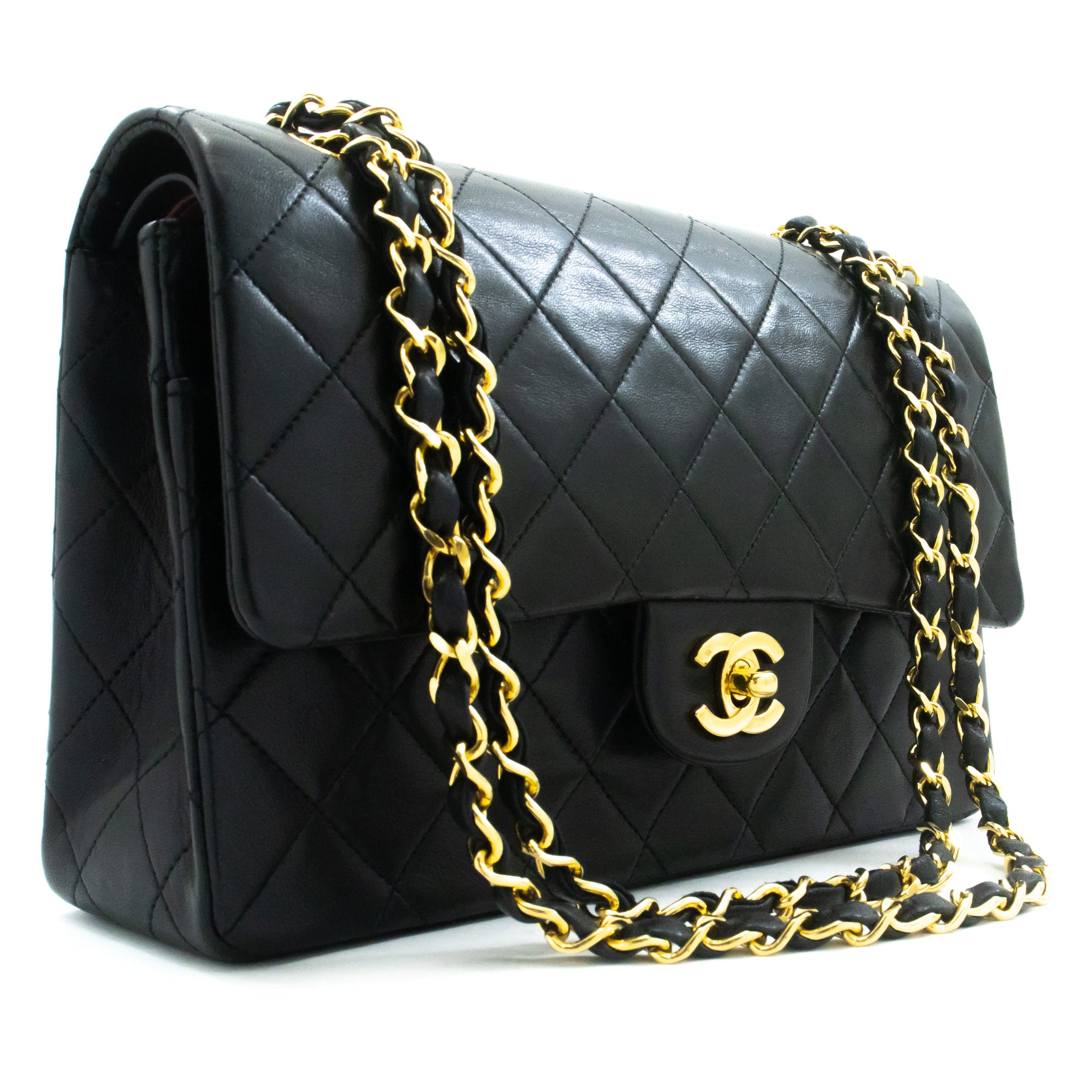 CHANEL Classic Double Flap 10" Ketten-Schultertasche Schwarz Lammleder ak9 hannari-shop