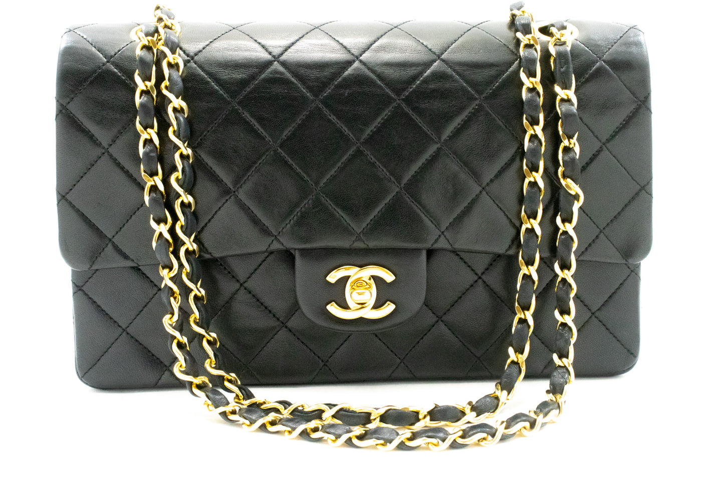 CHANEL Classic Double Flap 10" Ketten-Schultertasche Schwarz Lammleder ak9 hannari-shop