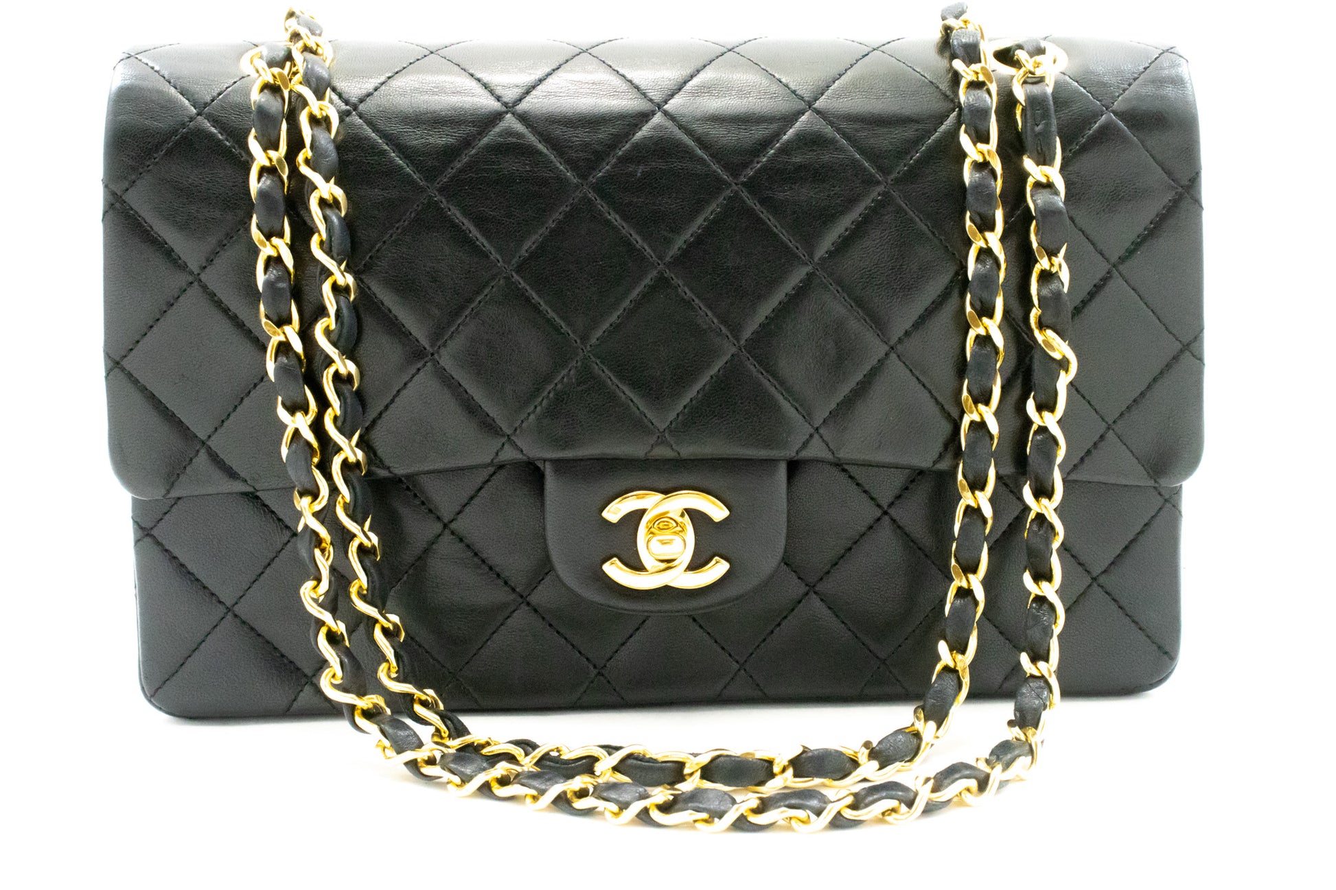 CHANEL Classic Double Flap 10" Ketten-Schultertasche Schwarz Lammleder ak9 hannari-shop