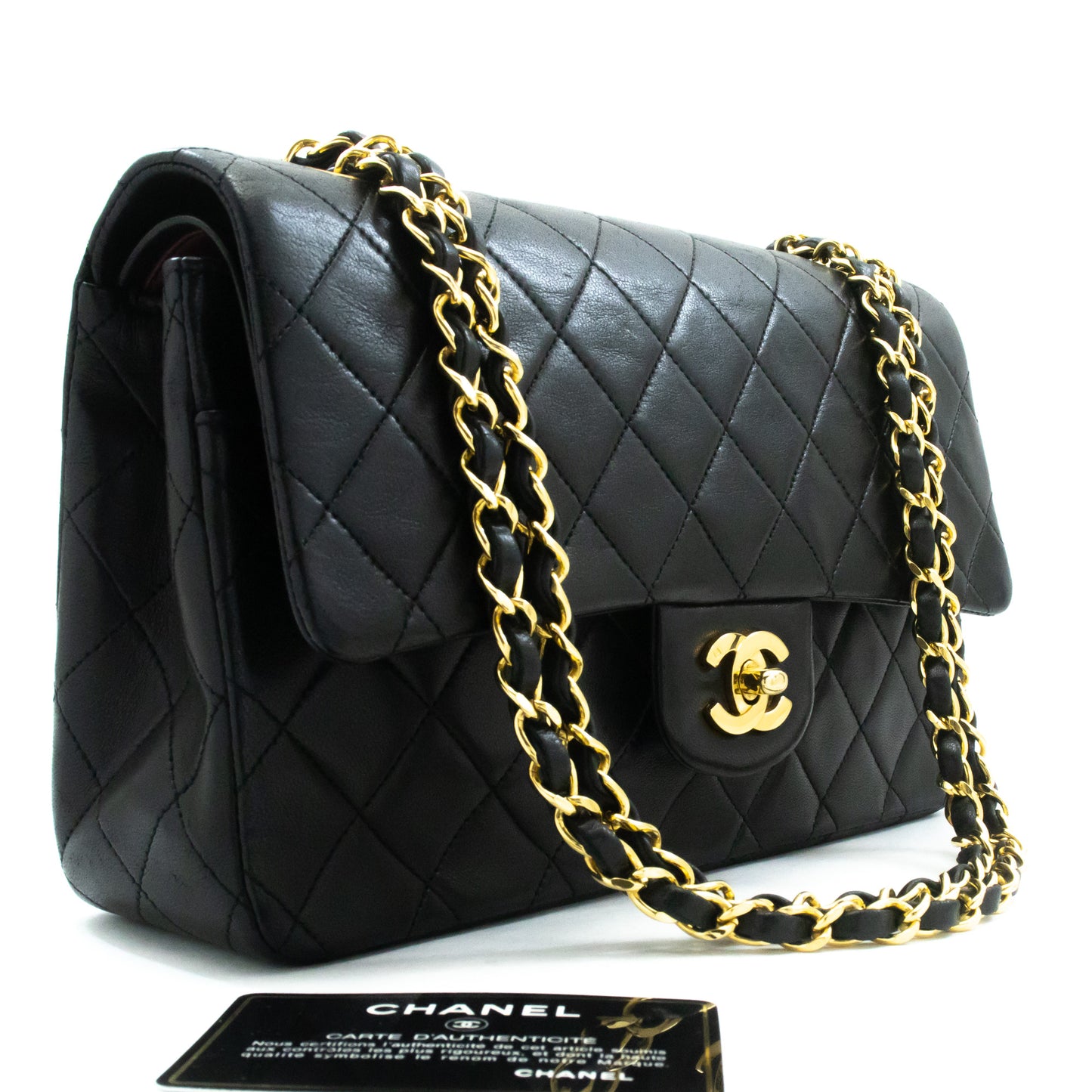 CHANEL Classic Double Flap 10" Ketten-Umhängetasche Schwarz Lammleder ak7 hannari-shop