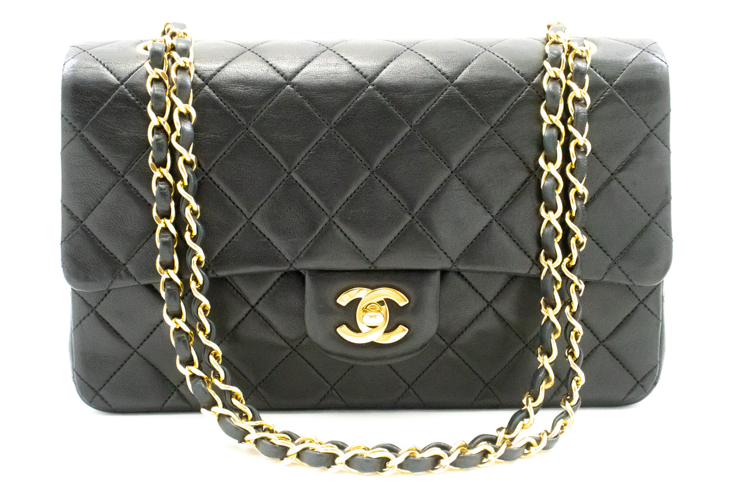 CHANEL Classic Double Flap 10" Ketten-Umhängetasche Schwarz Lammleder ak7 hannari-shop