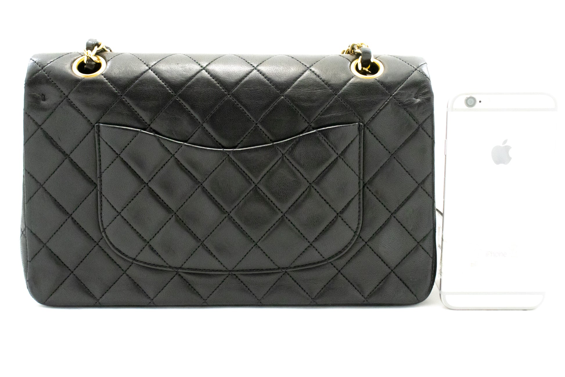 CHANEL Classic Double Flap 10" Ketten-Umhängetasche Schwarz Lammleder ak7 hannari-shop