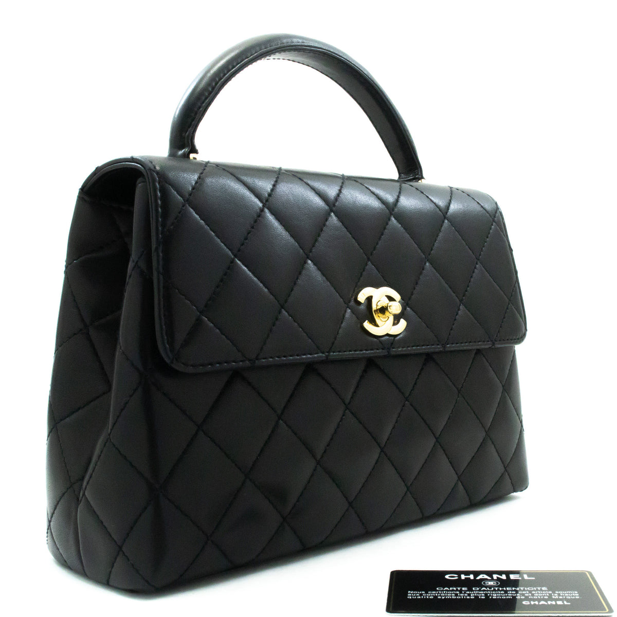 CHANEL Lamskin Handbag Top Handle Small Bag Kelly Black Flap an2 hannari-shop