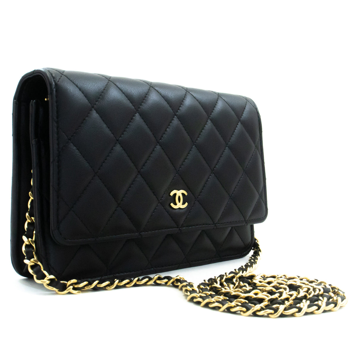 CHANEL Black Classic Wallet On Chain WOC Shoulder Bag Gold Clutch an9 hannari-shop