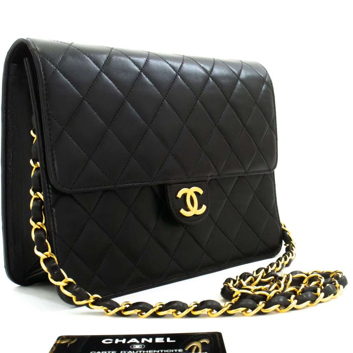 CHANEL Kleine Ketten-Umhängetasche Clutch Schwarz Steppung Überschlag Lammleder ao8 — Draufsicht hannari-shop