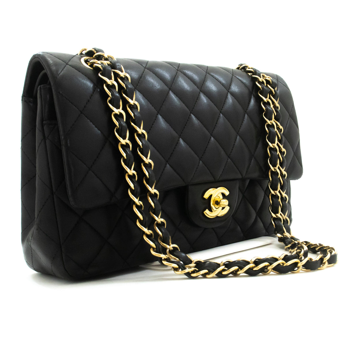 CHANEL Classic Double Flap 10" Chain Shoulder Bag Black Lambskin aq1 — Ansicht von oben hannari-shop