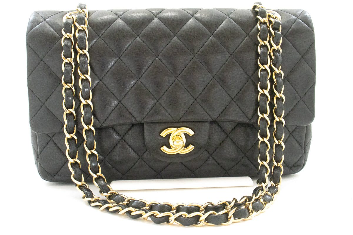 CHANEL Classic Double Flap 10" Chain Shoulder Bag Black Lambskin aq1 — Vorderseite hannari-shop