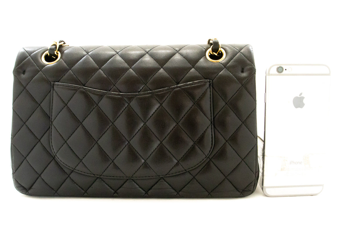 CHANEL Classic Double Flap 10" Chain Shoulder Bag Black Lambskin aq1 — Rückseite hannari-shop