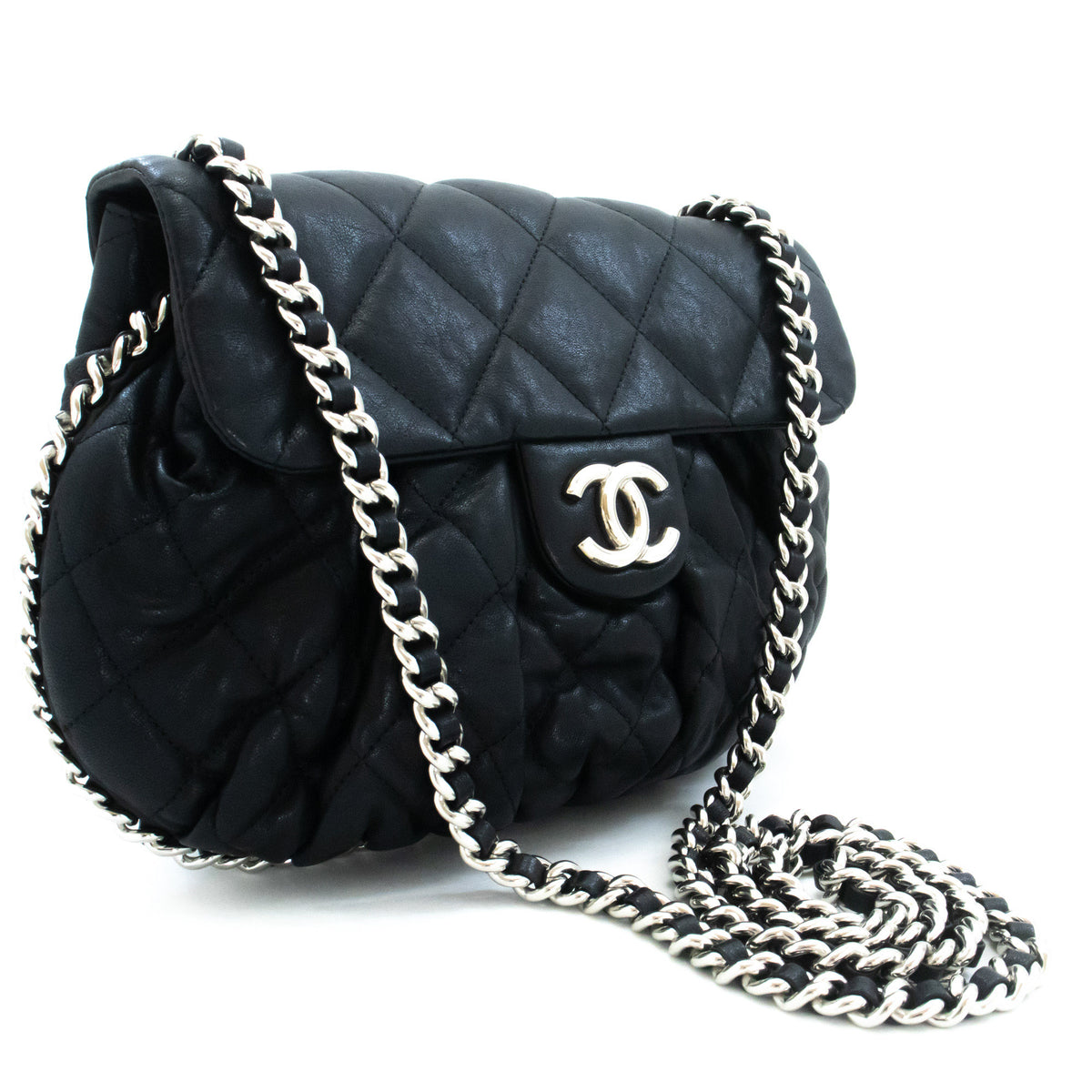 CHANEL Chain Around Schultertasche Crossbody Schwarz Kalbsleder ap9 — Draufsicht hannari-shop