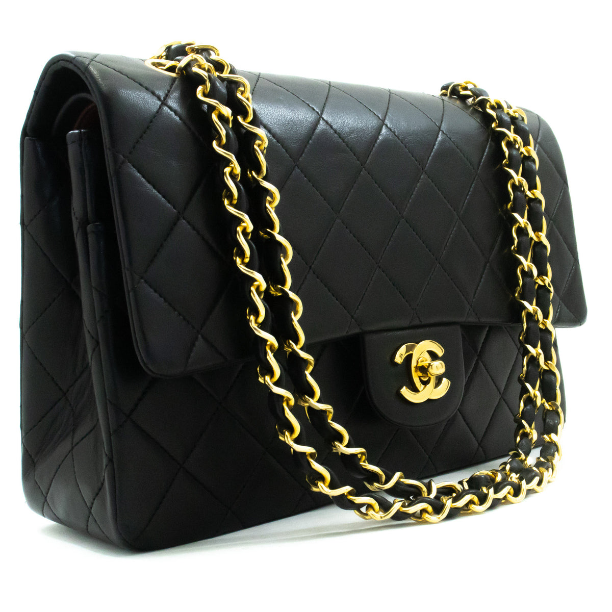 CHANEL Classic Double Flap 10" Chain Shoulder Bag Black Lambskin ao6 — Draufsicht hannari-shop