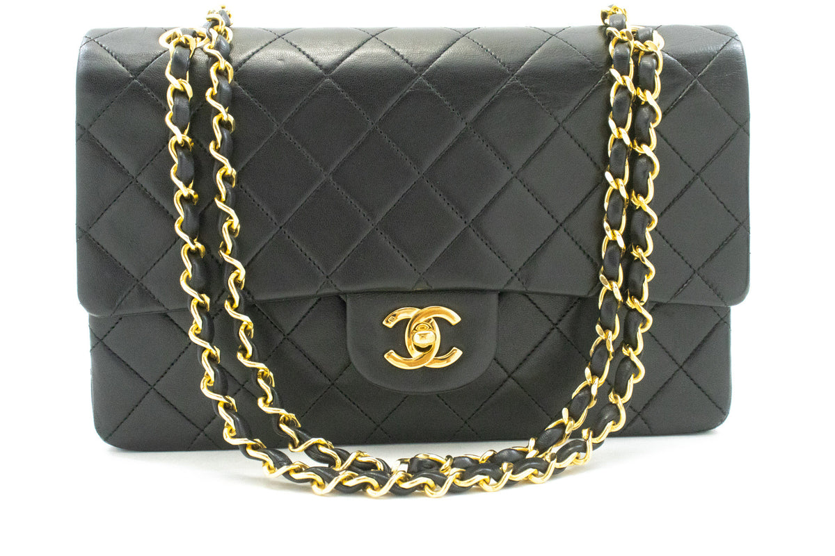 CHANEL Classic Double Flap 10" Chain Shoulder Bag Black Lambskin ao6 — Vorderseite hannari-shop