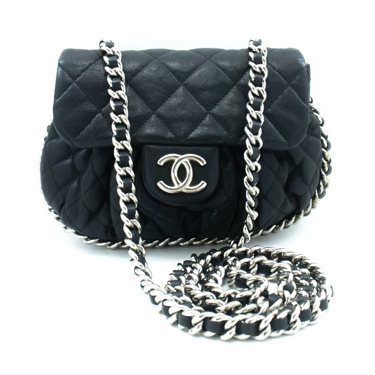 CHANEL Chain Around Small Shoulder Bag Crossbody Black Calfskin ap7 — Draufsicht hannari-shop