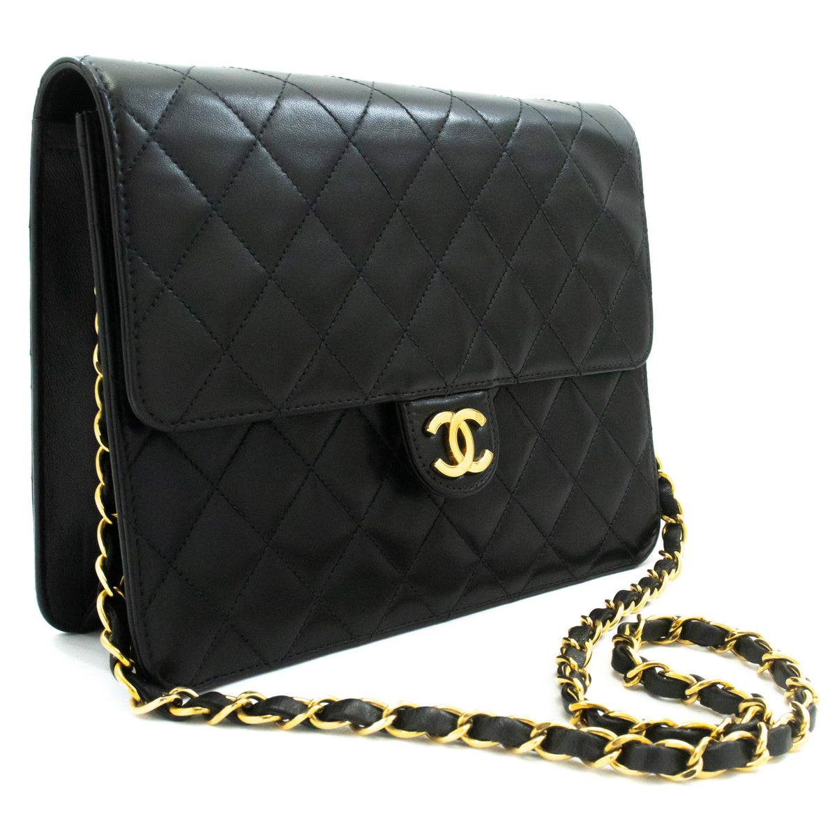 CHANEL Kleine Ketten-Umhängetasche Clutch Schwarz Gestepptes Klappmodell Lammleder ao7 — Draufsicht hannari-shop