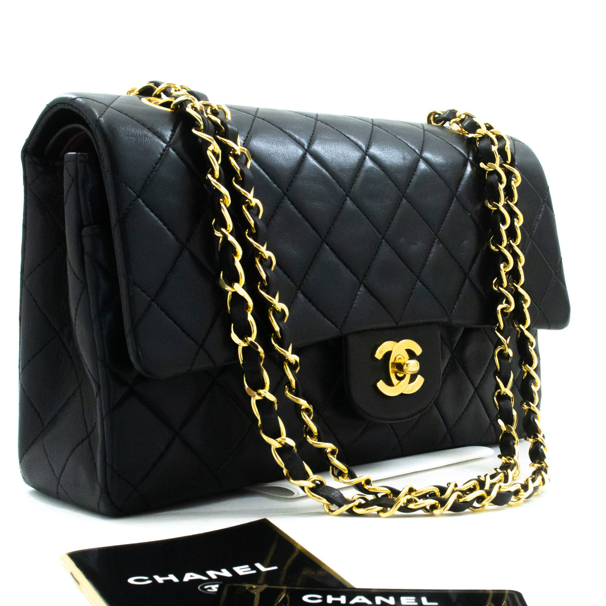 CHANEL Classic Double Flap 10" Chain Shoulder Bag Black Lambskin ap6 — Draufsicht hannari-shop