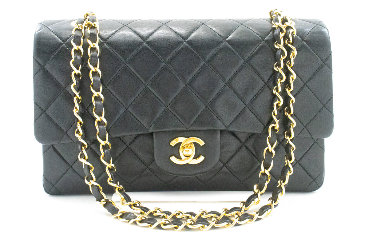 CHANEL Classic Double Flap 10" Chain Shoulder Bag Black Lambskin ap6 — Vorderseite hannari-shop