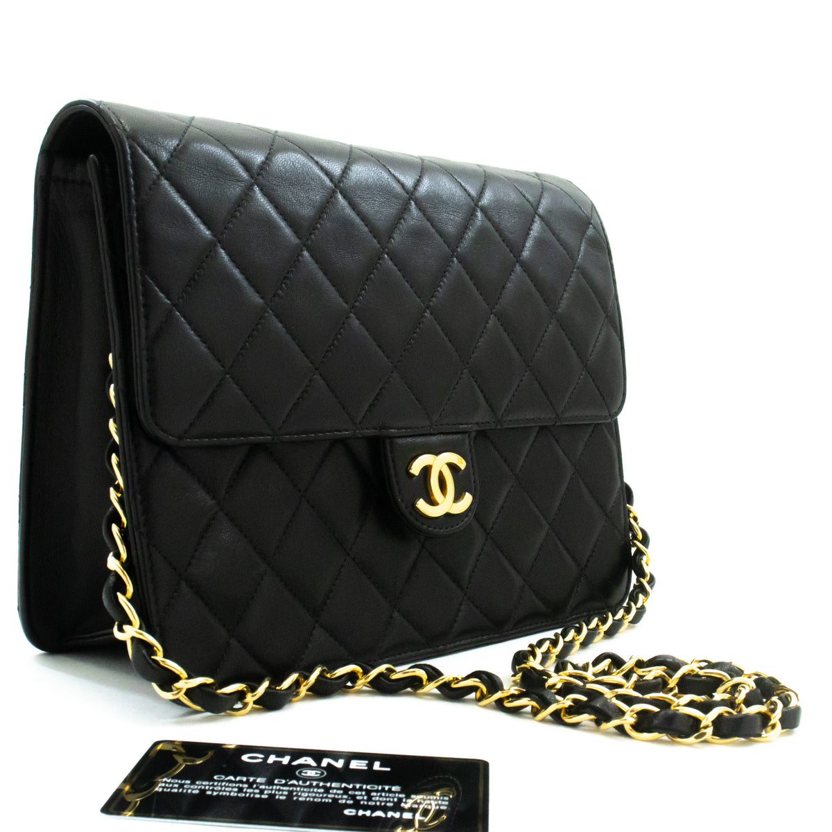 CHANEL Kleine Ketten-Umhängetasche Clutch Schwarz Gestepptes Überschlagmodell Lammleder ap4 — Ansicht von oben hannari-shop
