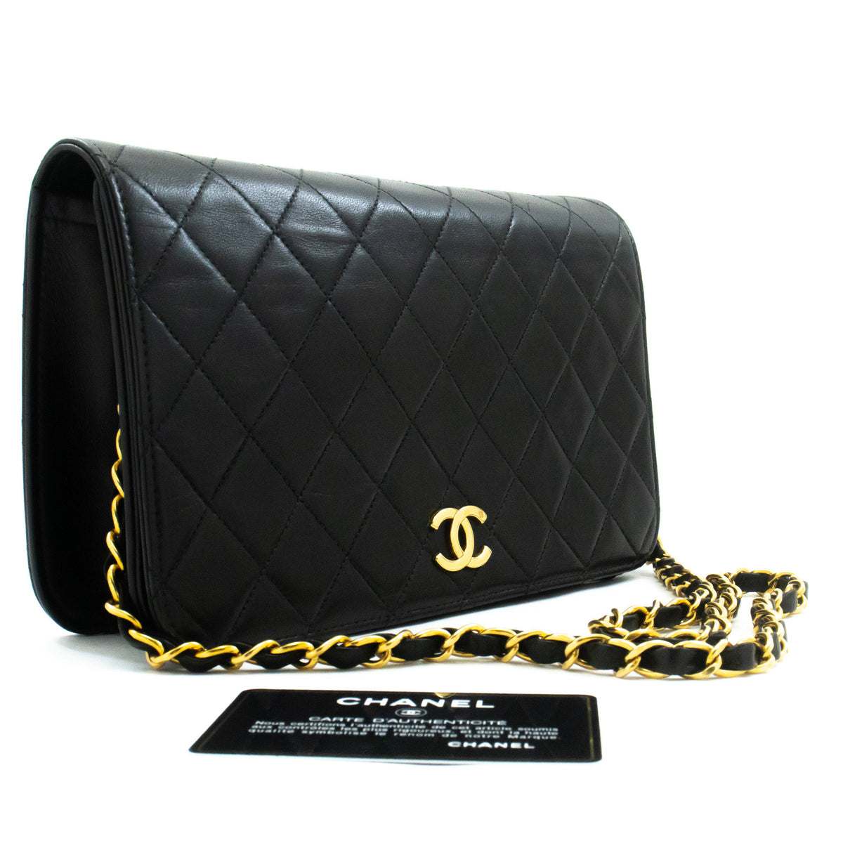 CHANEL Full Flap Chain Schultertasche Clutch Schwarz Gestepptes Lammleder ao4 — Draufsicht hannari-shop