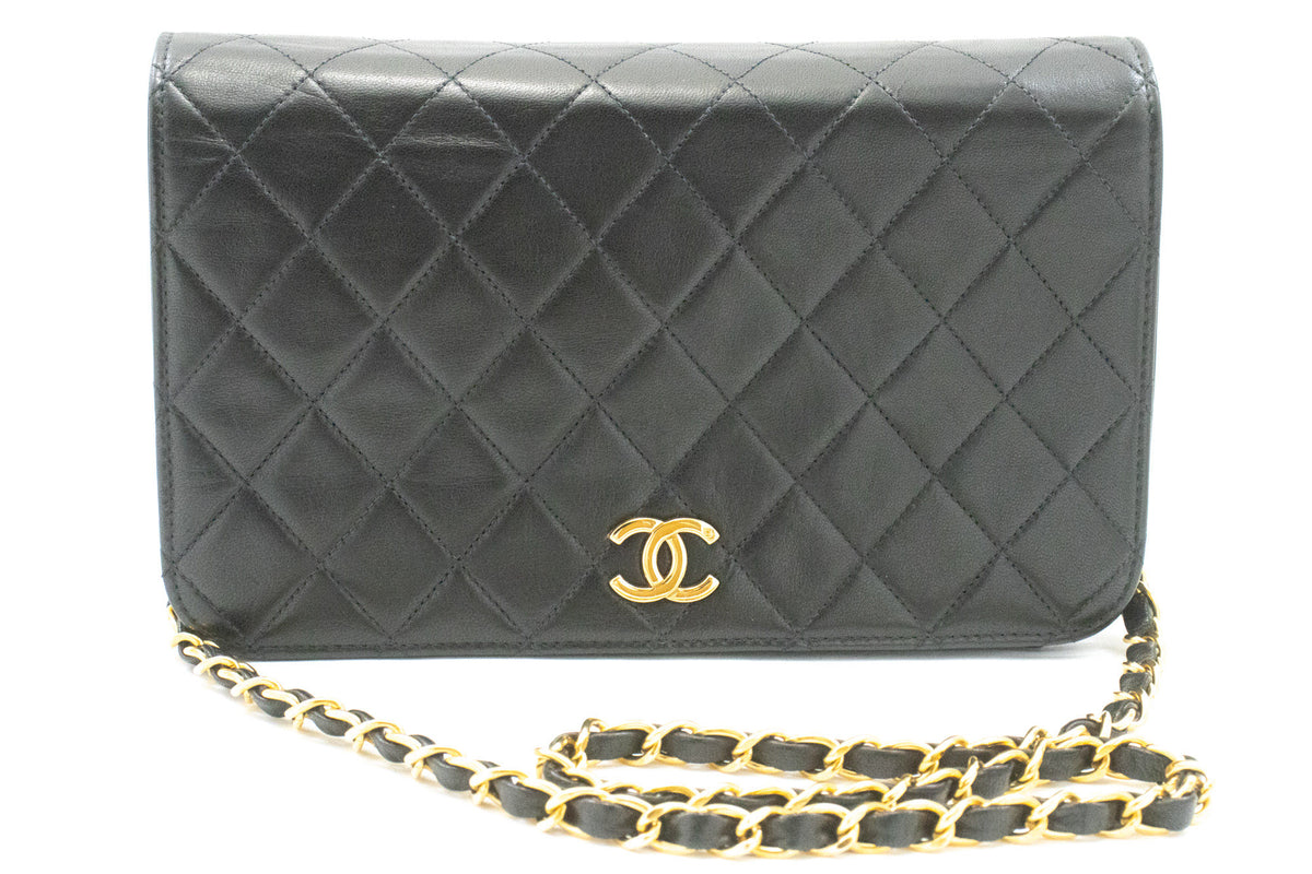 CHANEL Full Flap Chain Schultertasche Clutch Schwarz Gestepptes Lammleder ao4 — Vorderseite hannari-shop