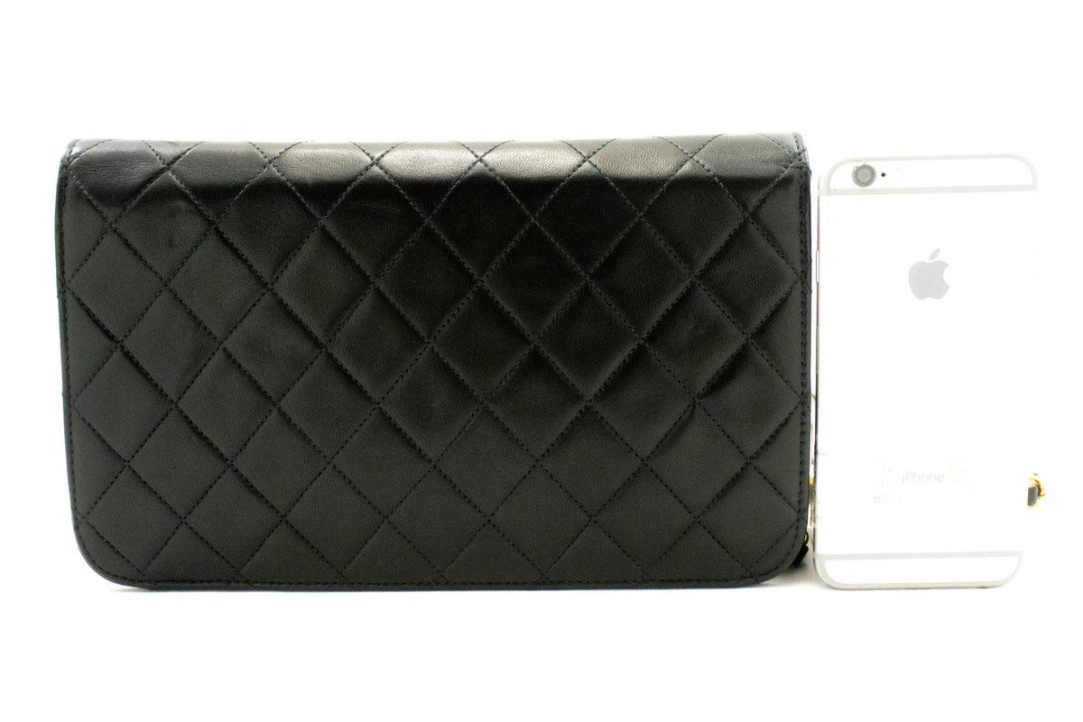 CHANEL Full Flap Chain Schultertasche Clutch Schwarz Gestepptes Lammleder ao4 — Rückseite hannari-shop