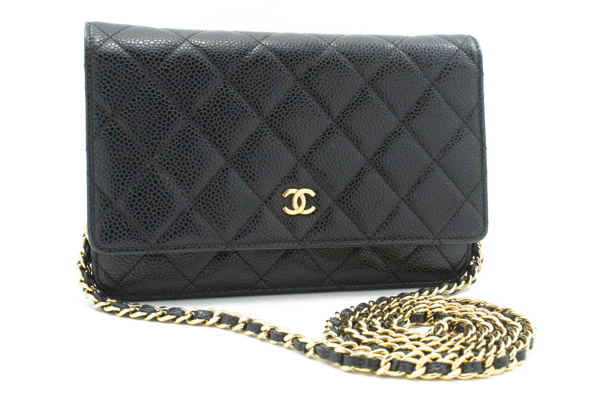 CHANEL Grained Calfskin Wallet On Chain WOC Black Shoulder Bag ap1 — front hannari-shop
