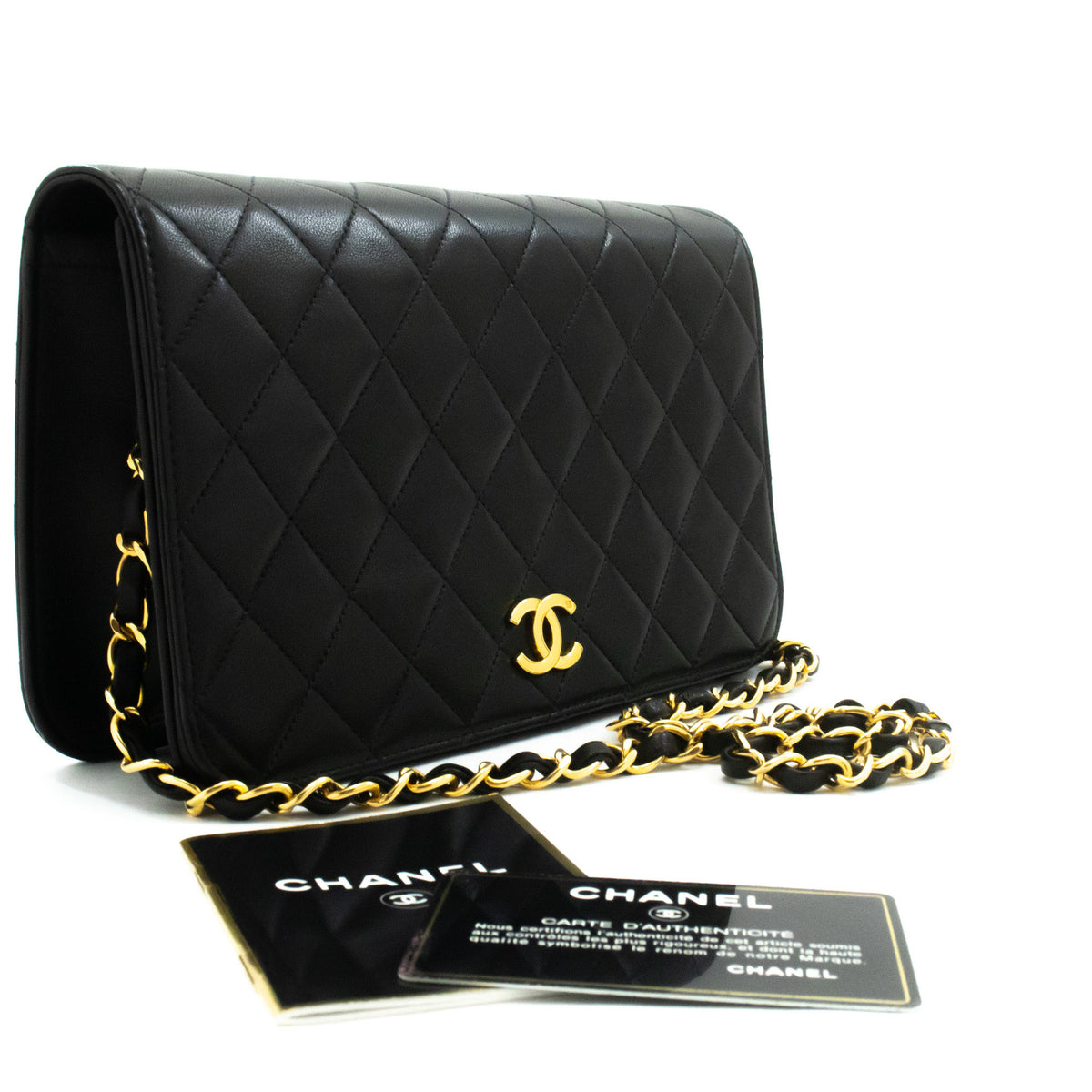 CHANEL Full Flap Ketten-Umhängetasche Clutch Schwarz Stepp-Lammleder ao5 — Ansicht von oben hannari-shop