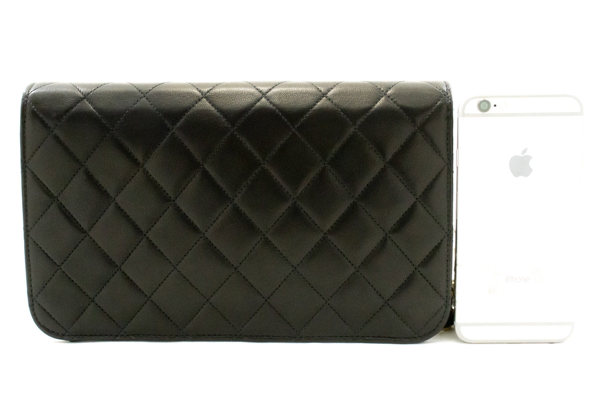 CHANEL Full Flap Ketten-Umhängetasche Clutch Schwarz Stepp-Lammleder ao5 — Rückseite hannari-shop