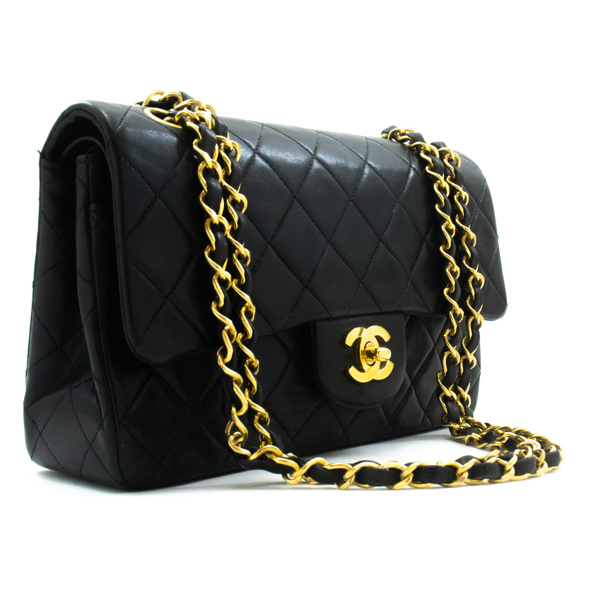 CHANEL Classic Double Flap 9" Chain Shoulder Bag Schwarzes Lammleder ap2 — Draufsicht hannari-shop